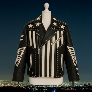 Custom Black & White Studded Leather Biker Jacket with Stars, Stripes & Wings
